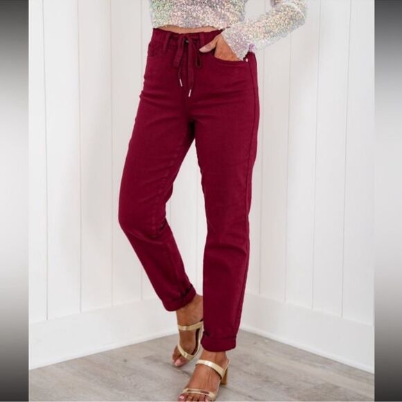 Judy Blue Scarlet Red High Waist Pull On Double Cuff Jogger Size 14 W - Picture 9 of 16